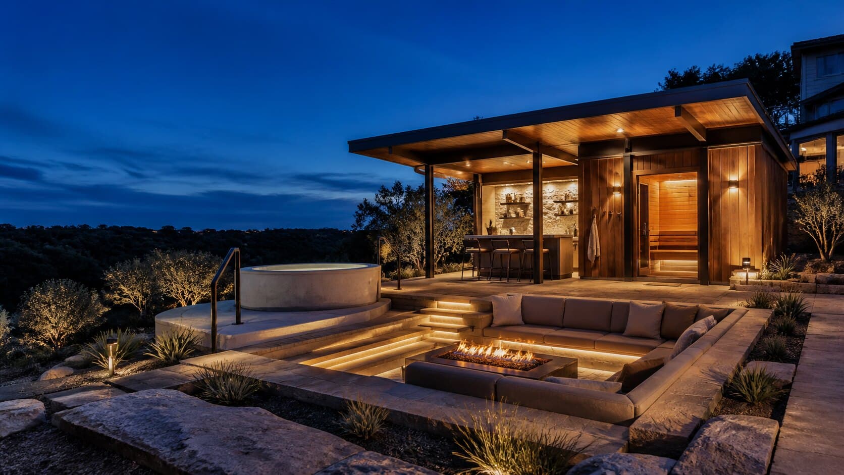 Distinctive short term rental amenity with hot tub, fire pit, sauna, and cinematic outdoor lighting